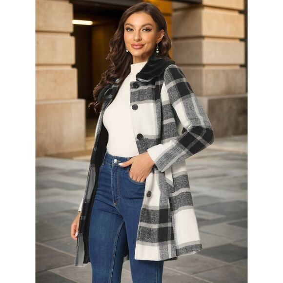 Women's Buffalo Checks Winter Peter Pan Collar Long Plaid Coat Black White - Picture 3 of 6